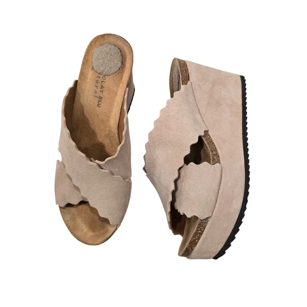 Chocolat Blu Wedge Sandals Womens‎ 37 Tan Suede Scalloped Cross Strap Platform